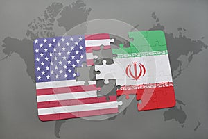 Puzzle with the national flag of united states of america and iran on a world map background