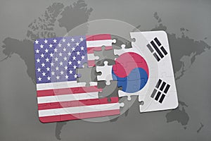 puzzle with the national flag of united states of america and south korea on a world map background