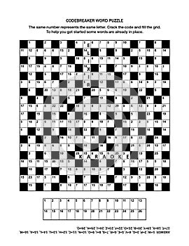 Puzzle page with codebreaker word game or crossword puzzle
