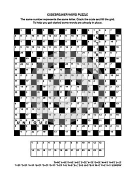 Puzzle page with codebreaker word game or crossword puzzle