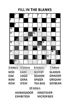 Puzzle page with criss-cross, or fill-in, crossword word game English language. Comfortable level, large print, family friendly.