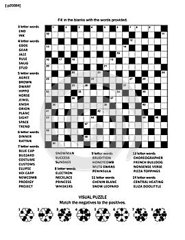 Puzzle page with crossword word game and picture riddle