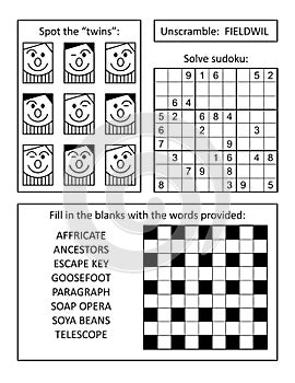 Puzzle page for grown-ups with 4 variety puzzles: two word games, visual riddle and sudoku.