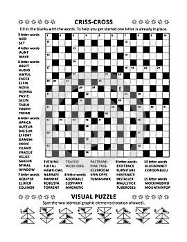 Puzzle page with crossword word game and picture riddle photo