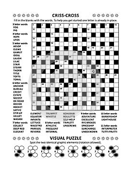 Puzzle page with crossword word game and picture riddle