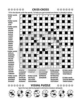 Puzzle page with crossword word game and picture riddle photo