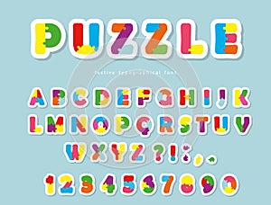Puzzle paper cut out font. ABC colorful creative letters and numbers.