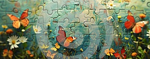 Puzzle piece with colorful flowers and butterflies. World Autism Awareness Day