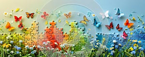 Puzzle piece with colorful flowers and butterflies. World Autism Awareness Day