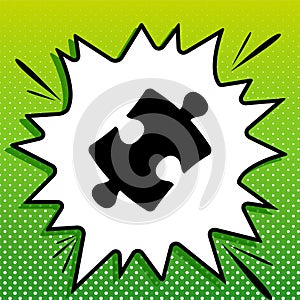 Puzzle piece sign. Black Icon on white popart Splash at green background with white spots. Illustration