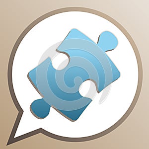Puzzle piece sign. Bright cerulean icon in white speech balloon at pale taupe background. Illustration