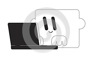 Puzzle piece typing laptop black and white 2D line cartoon character