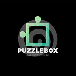 Puzzle piece vector logo icon design. Simple puzle box square logotype photo