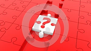 Puzzle piece in white with question mark concept in red