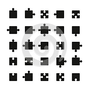 Puzzle pieces. Black jigsaw parts for logic teamwork game, blank tiles match connection elements, funny toy template
