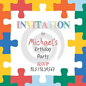 Puzzle pieces border frame. Square kids invitation template. Hand drawn vector illustration for children decor, kids party invite