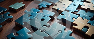 Puzzle Pieces with Business Concepts on Wooden Table