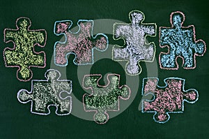 Puzzle pieces of different colors drawn on a chalkboard, as the