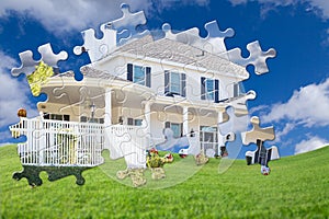 Puzzle Pieces Fitting Together Revealing Finished House Build Over Grass Field