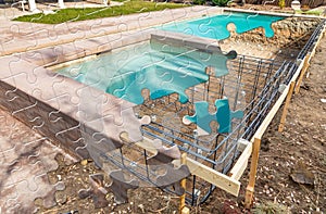 Puzzle Pieces Fitting Together Revealing Finished Pool Build Over Construction photo