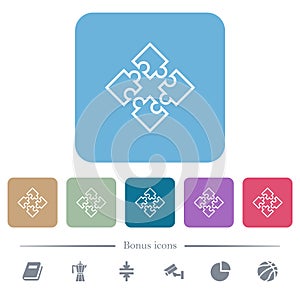 Puzzle pieces flat icons on color rounded square backgrounds