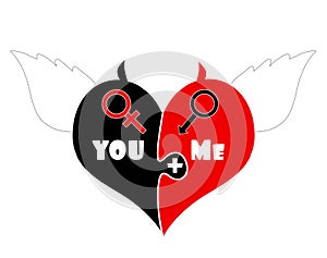 Puzzle Pieces Heart With Angel Wings, Devil Horns