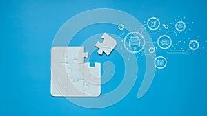 Puzzle pieces jigsaw and electric vehicle icon on blue background, EV Jigsaw puzzle with missing piece, Missing jigsaw puzzle