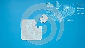 Puzzle pieces jigsaw and electric vehicle icon on blue background, EV Jigsaw puzzle with missing piece, Missing jigsaw puzzle