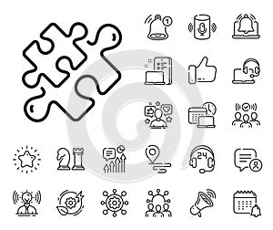 Puzzle pieces line icon. Jigsaw game challenge sign. Place location, technology and smart speaker. Vector