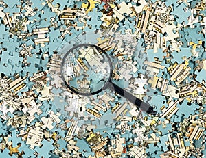 Puzzle pieces mess and chaos through magnifying glass. Missing jigsaw part. Research concept