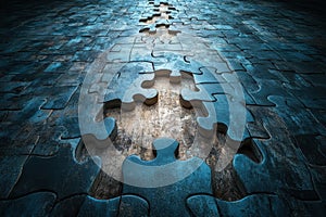 Puzzle pieces missing abstract scene digital art dark environment close-up view concept of incompletion and unity photo