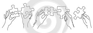 Puzzle pieces in peoples hands. Continuous line art of solution selection, jigsaw or problem solving and teamwork vector