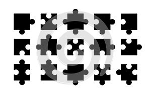 Puzzle pieces set. Jigsaw icon. Set black silhouette puzzle parts. Set vector puzzle pieces isolated on white background