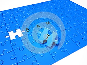 Puzzle pieces with text and blue piece