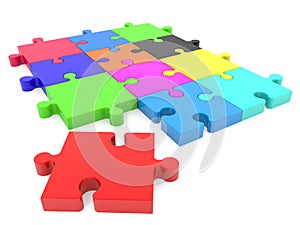 Puzzle pieces in various colors with one missing red
