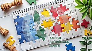 Puzzle pieces wooden figures on notepad. Autism awareness month