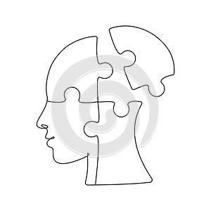 Puzzle shaped head lacking one piece in one line drawing. Concept of Mental health. Thoughts management in psychology