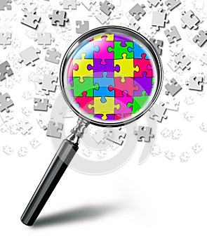 puzzle solution concept with magnifying glass on white background