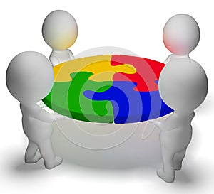 Puzzle Solved And 3d Characters Showing Team And Teamwork