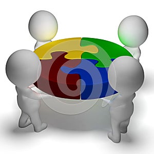 Puzzle Solved And 3d Characters Showing Union And Cooperation