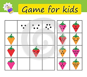Puzzle task, game for preschool kids. Developing numeracy skills. Cartoon strawberries