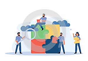 Puzzle team work vector illustration concept partner. Partnership teamwork business people collaboration together vector design.