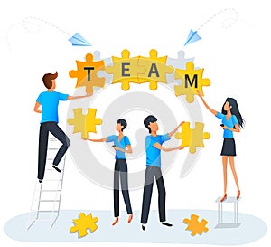 Puzzle teamwork business solution concept. Team at work. Group of people connecting puzzle elements.