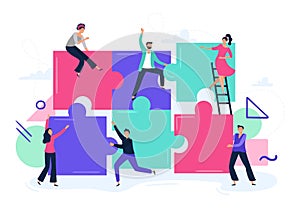 Puzzle teamwork. People work together and connect puzzle pieces, business office workers team cooperation flat vector illustration