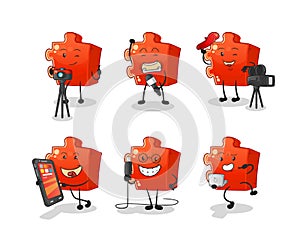 Puzzle technology group character. cartoon mascot vector