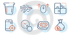 Puzzle, Time management and Loyalty points icons set. Cash, Cooking beaker and Seo phone signs. Vector