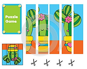 Puzzle for toddlers. Cut and Match pieces and complete the picture of cute cactus. Educational game for children