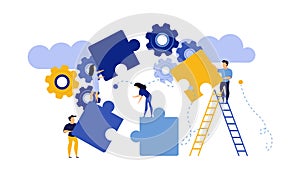 Puzzle together vector concept business jigsaw piece illustration teamwork solution idea. Connect background group success design
