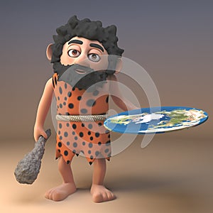 Puzzled 3d cartoon caveman character wonders about a flat earth conspiracy, 3d illustration