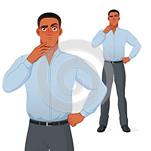 Puzzled black businessman thinking with hand on chin. Vector cartoon character.